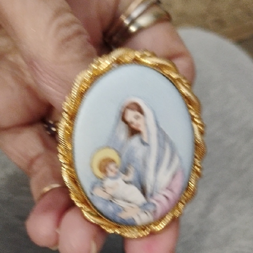 Gold and Blue Religious Cameo Brooch